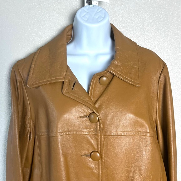 70s vintage genuine leather jacket light brown long coat trench large oversized - Picture 5 of 11